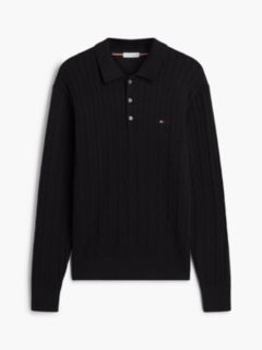 Cable Knit Polo Jumper — Black 5