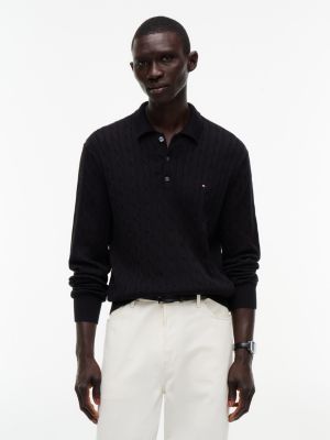 black cable knit polo jumper for men tommy hilfiger