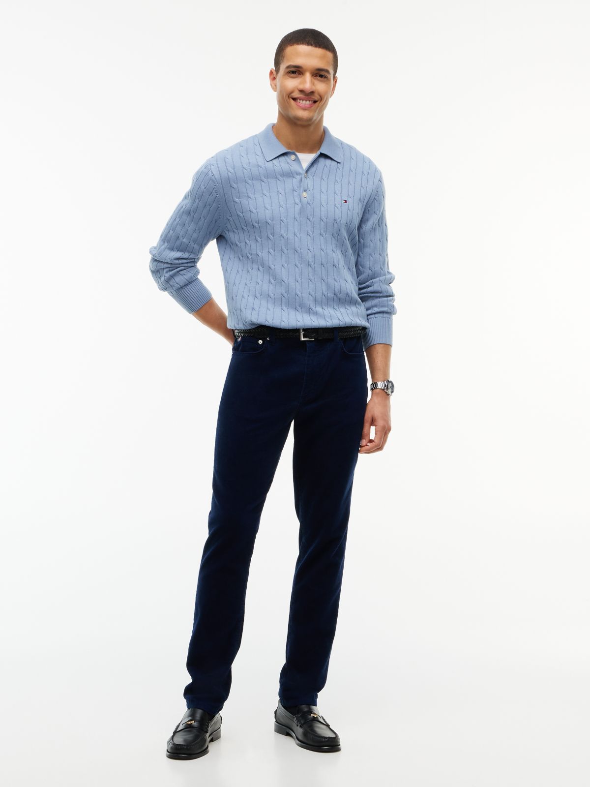 Cable Knit Polo Jumper — Blue