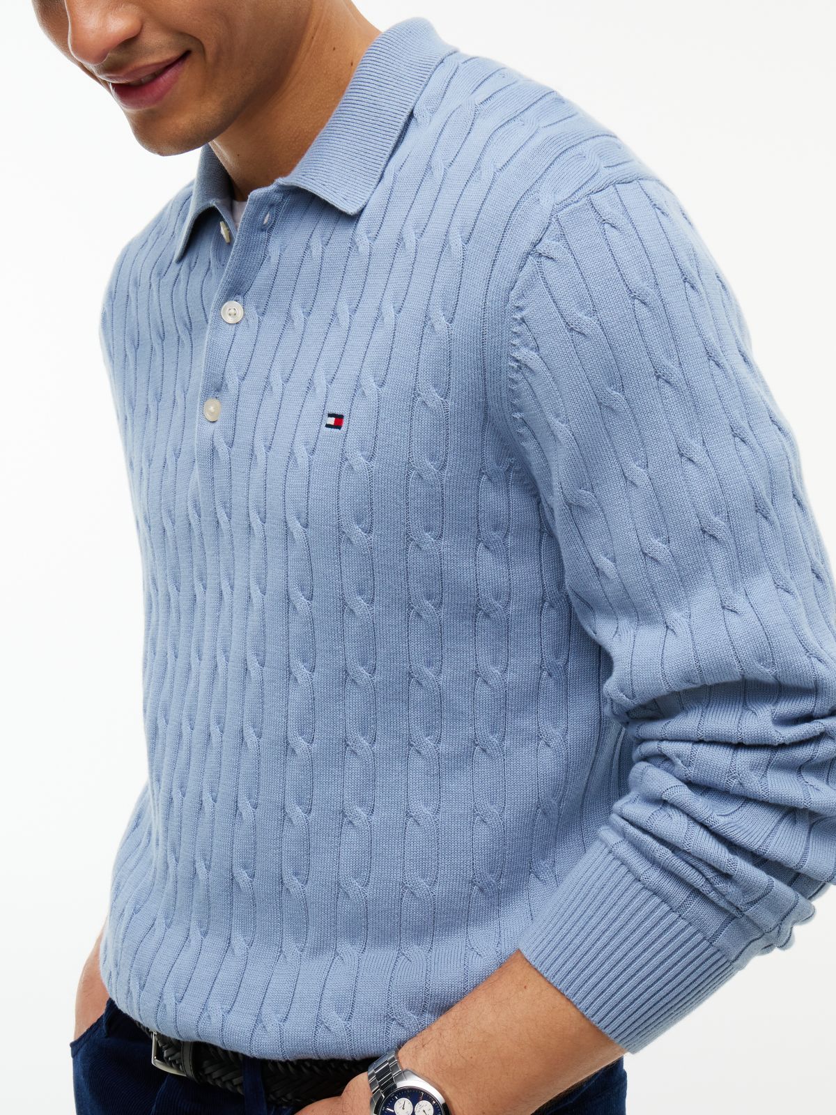 Cable Knit Polo Jumper — Blue