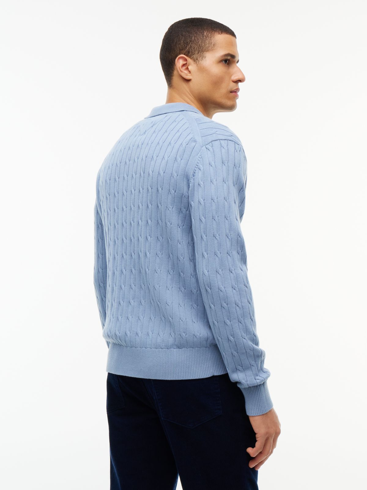 Cable Knit Polo Jumper — Blue