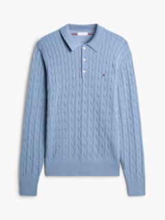 Cable Knit Polo Jumper — Blue 5