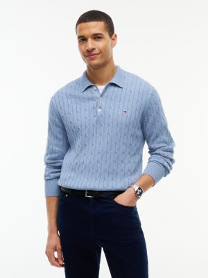 blue cable knit polo jumper for men tommy hilfiger
