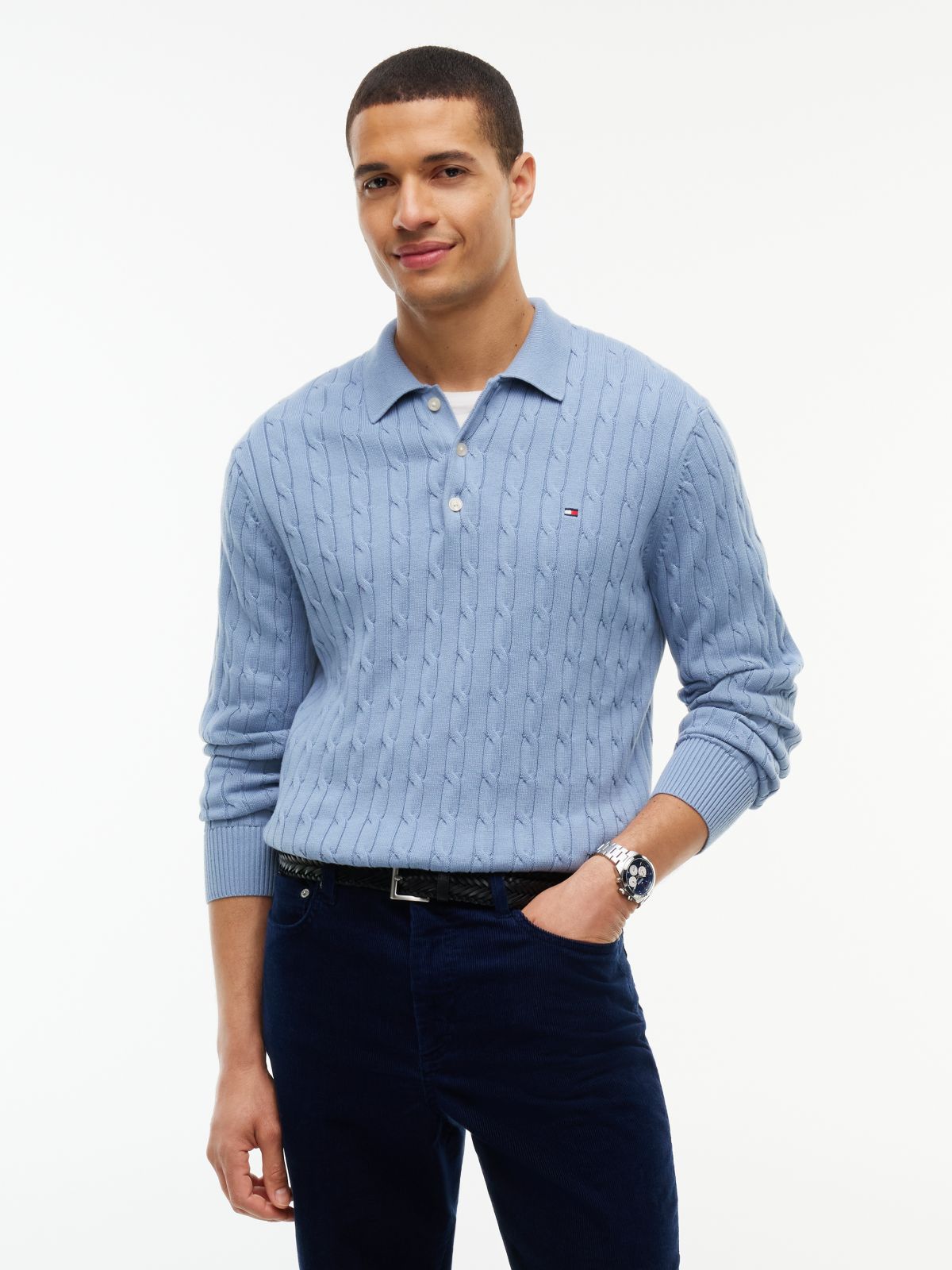 Cable Knit Polo Jumper — Blue