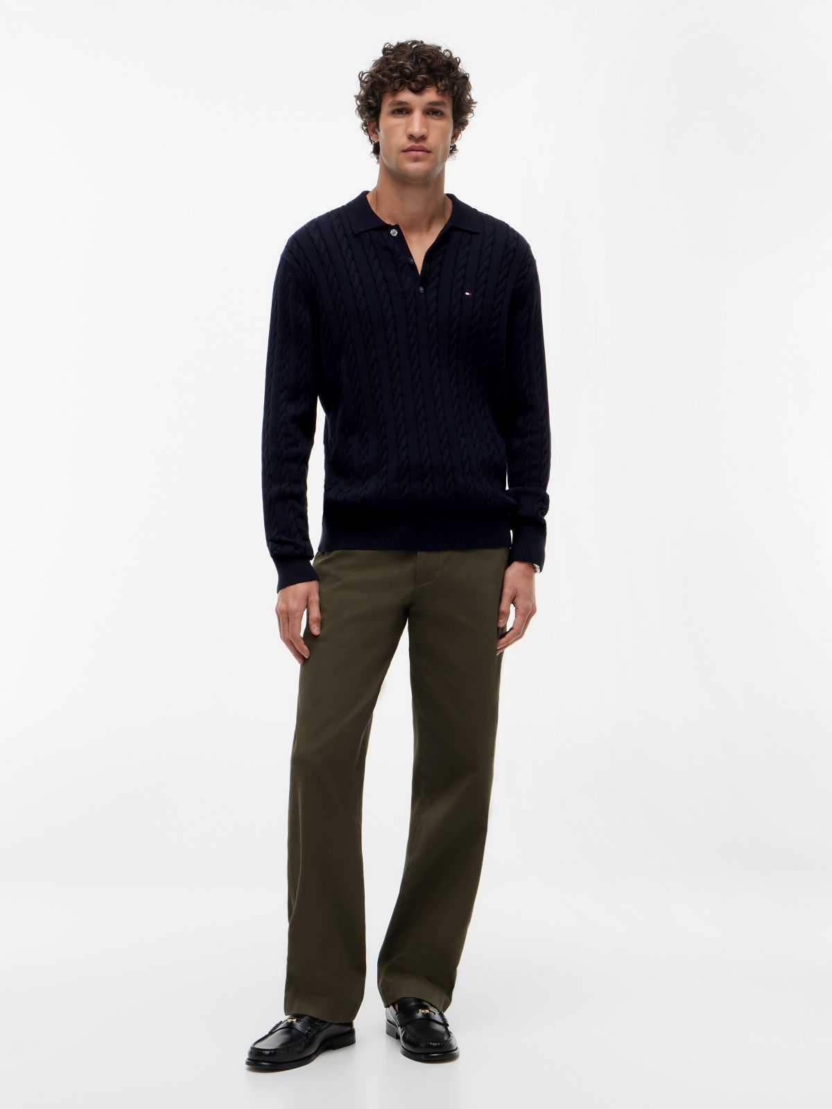 Cable Knit Polo Jumper — Blue