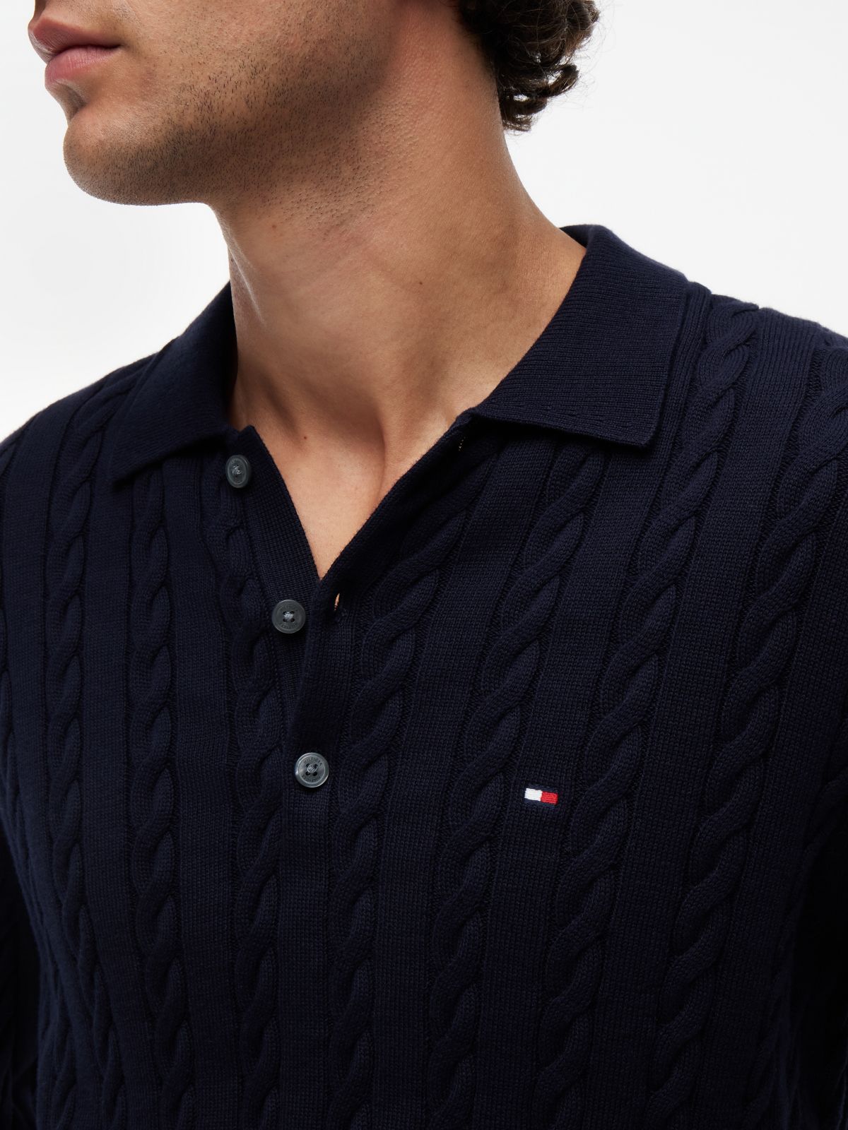 Cable Knit Polo Jumper — Blue