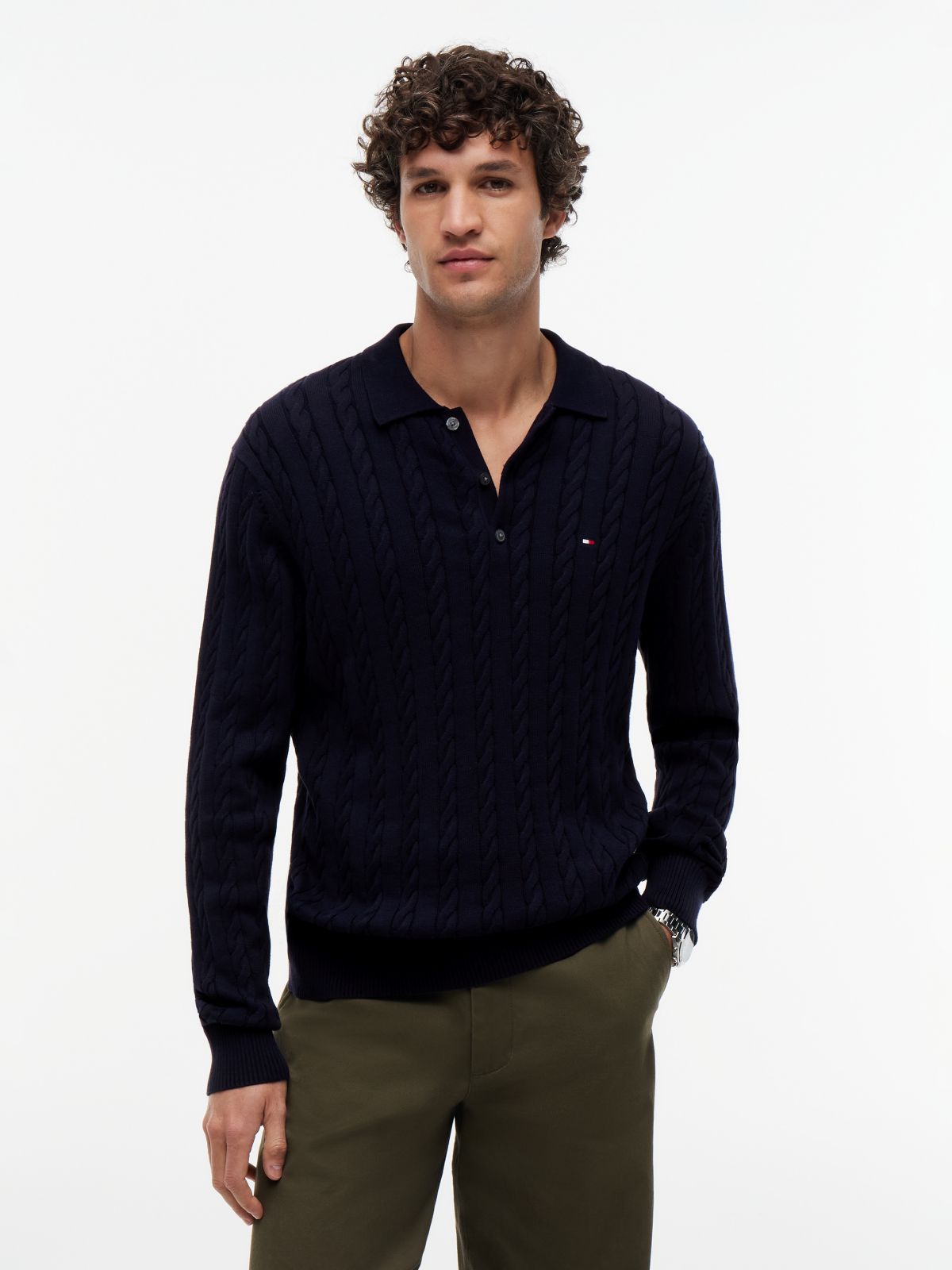 Cable Knit Polo Jumper — Blue