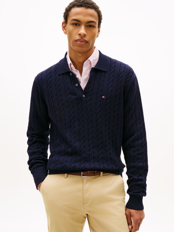 Cable Knit Polo Jumper — Blue