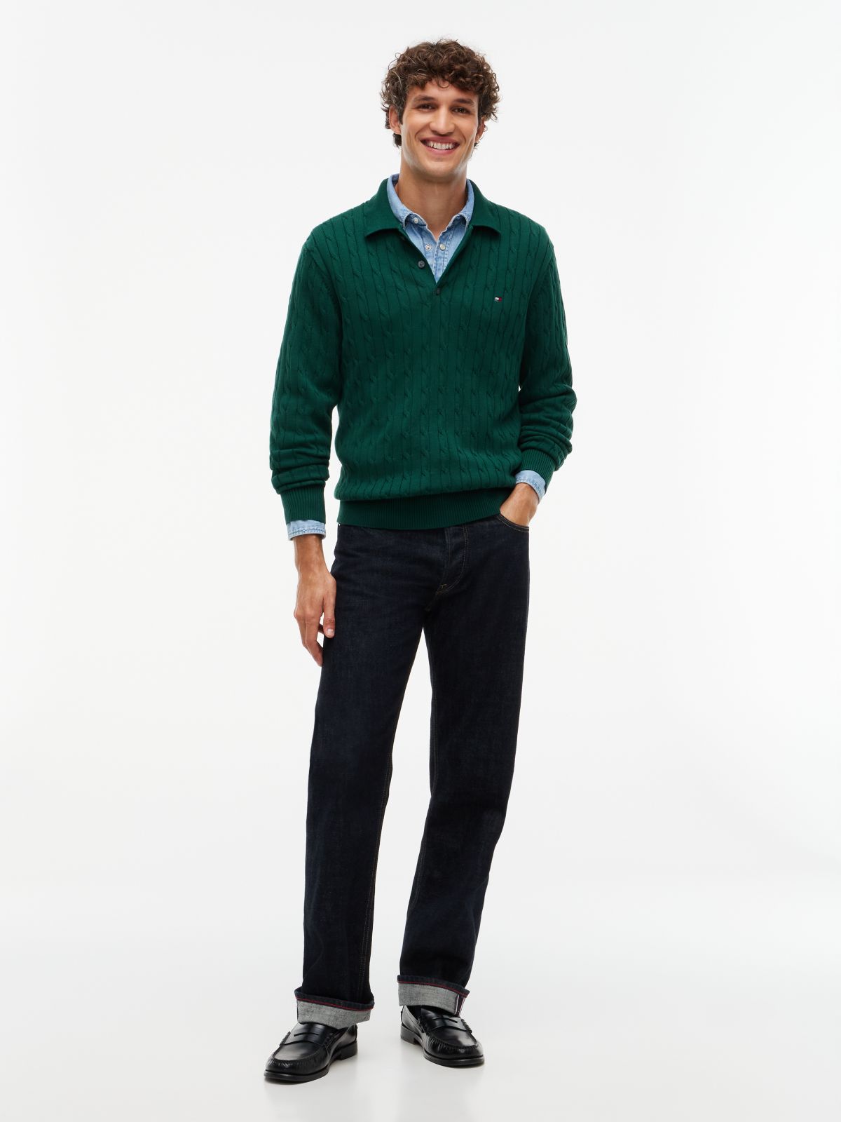 Cable Knit Polo Jumper — Green
