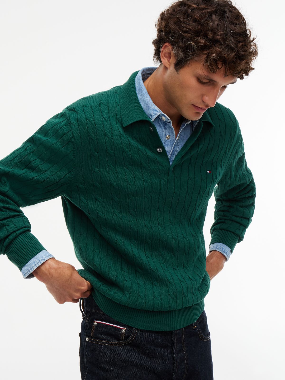 Cable Knit Polo Jumper — Green