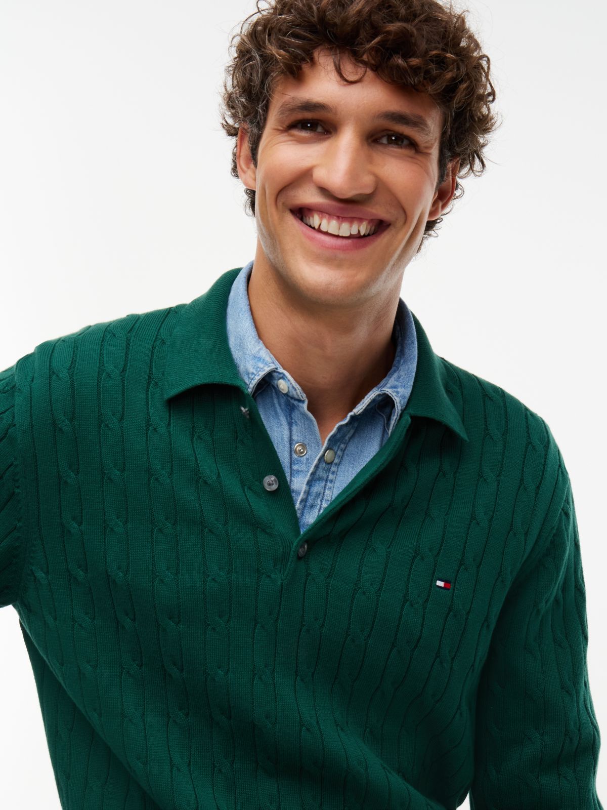 Cable Knit Polo Jumper — Green