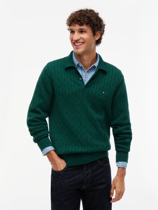 Cable Knit Polo Jumper — Green