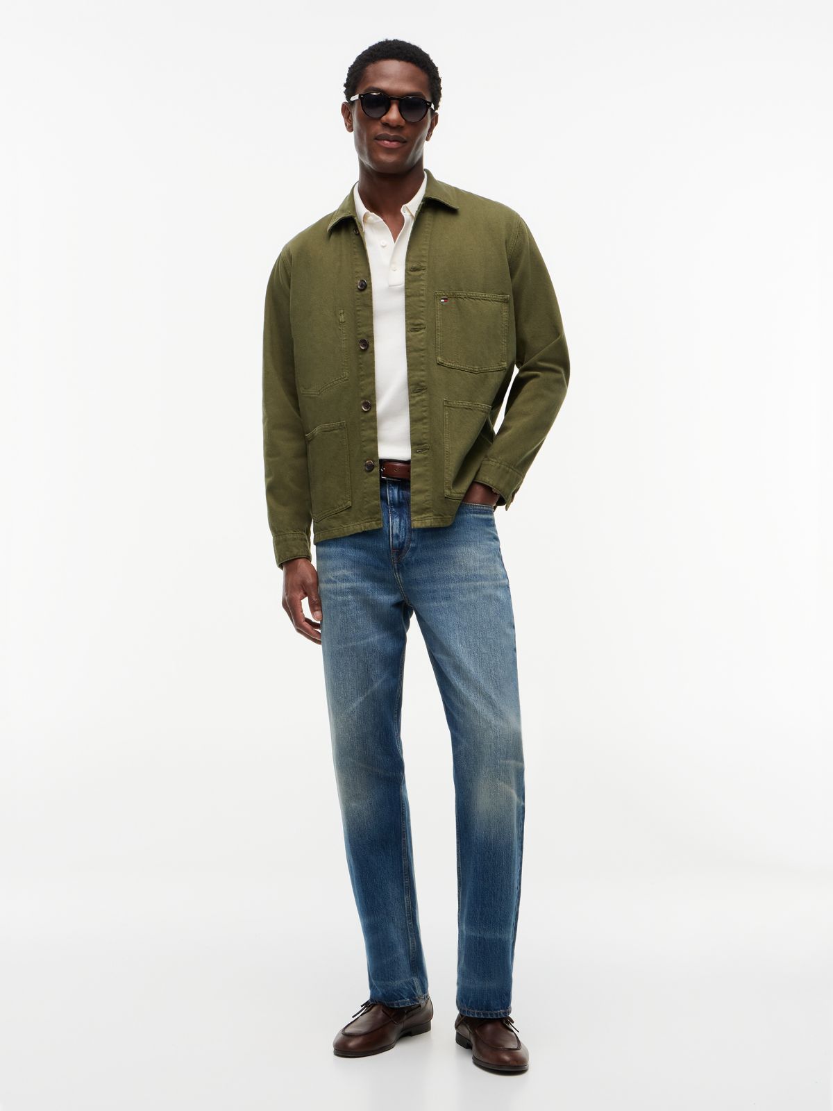 Washed Flag Embroidery Denim Chore Jacket — Green