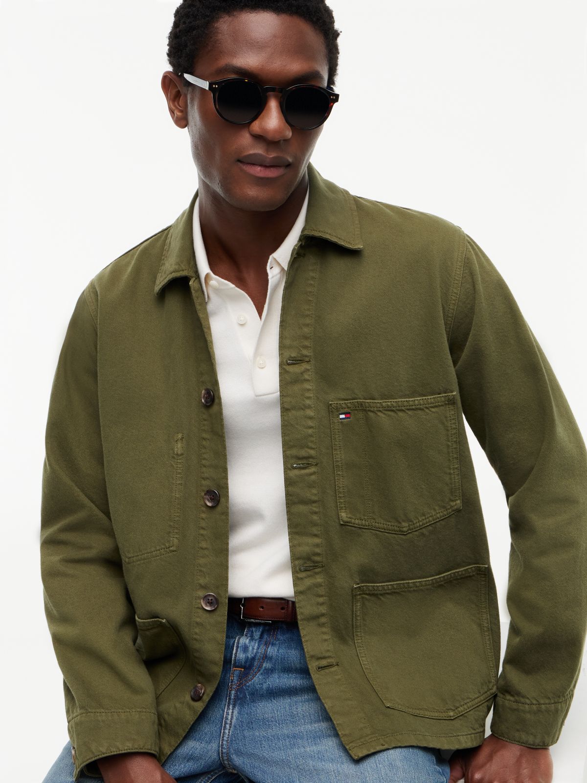 Washed Flag Embroidery Denim Chore Jacket — Green