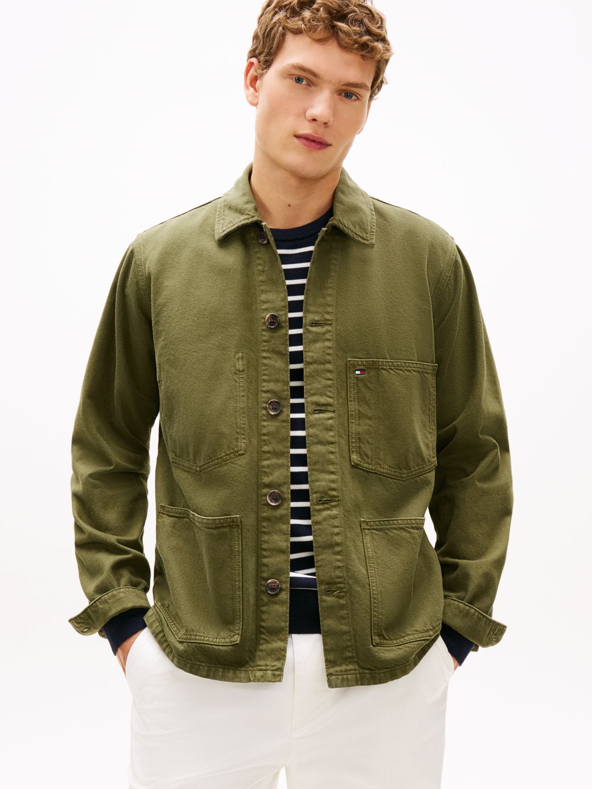 Washed Flag Embroidery Denim Chore Jacket — Green