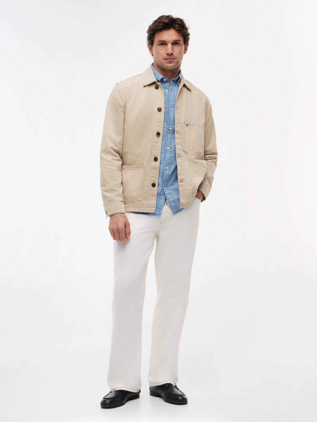 Washed Flag Embroidery Denim Chore Jacket — Khaki