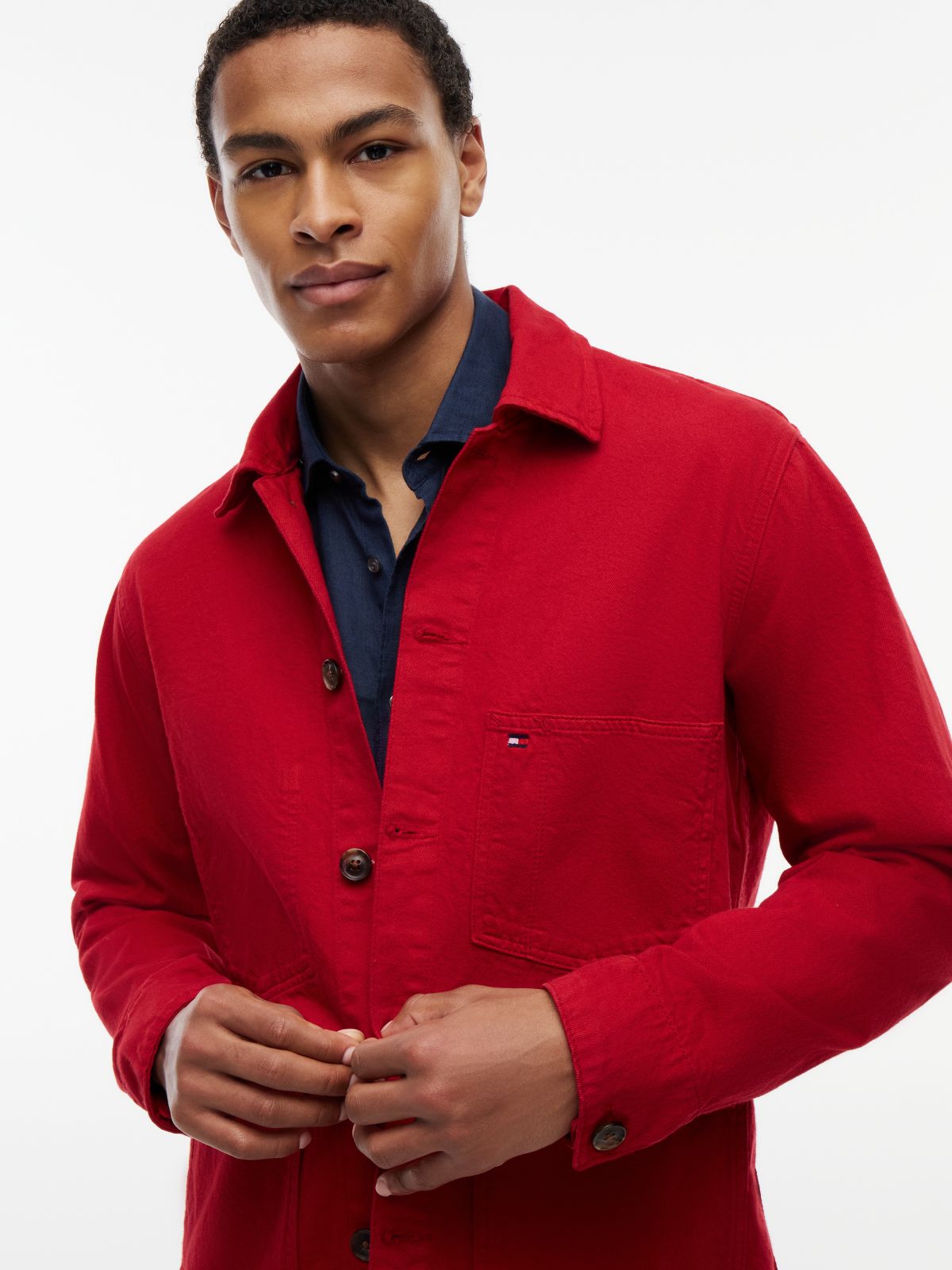 Washed Flag Embroidery Denim Chore Jacket — Red