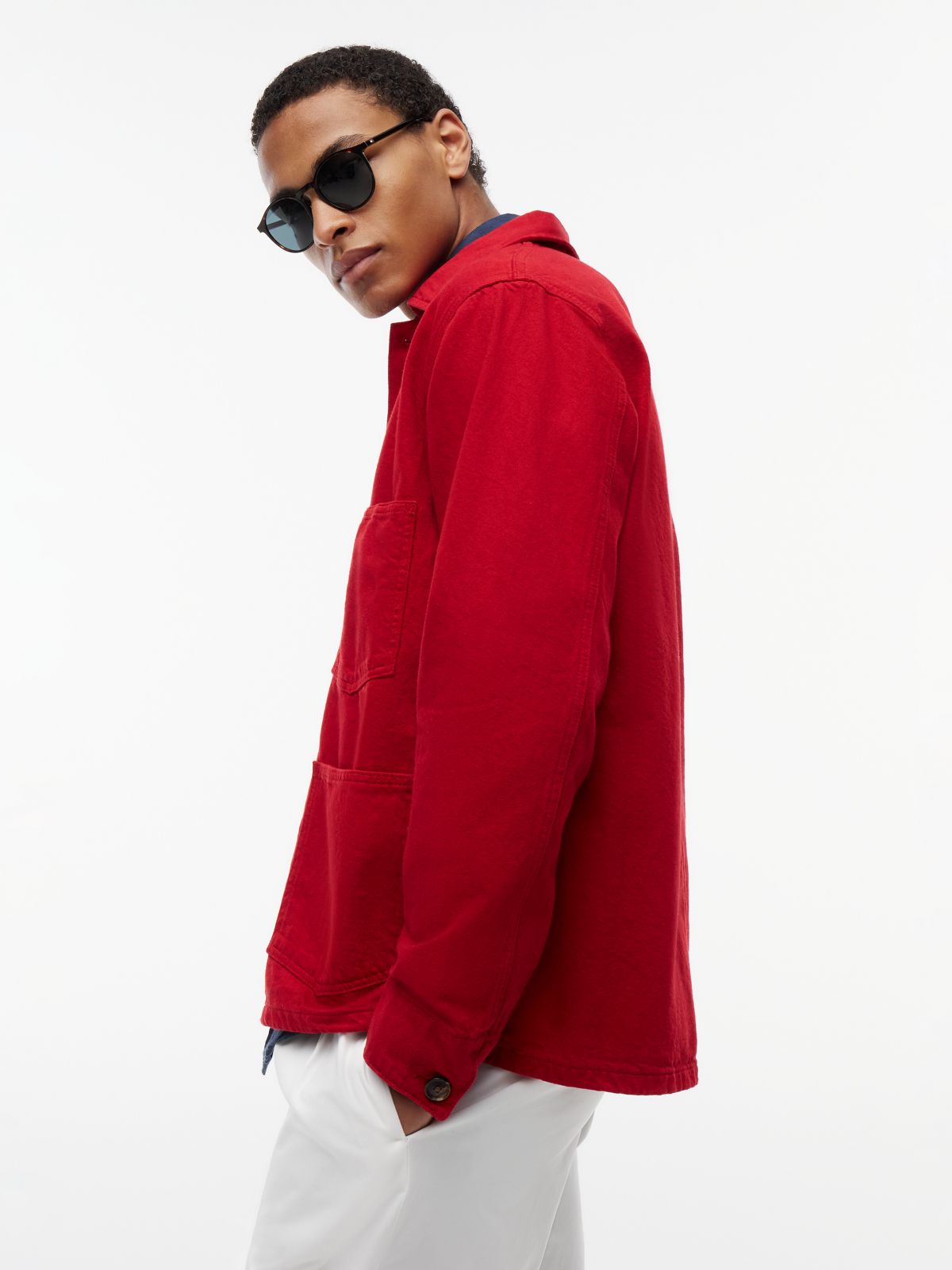 Washed Flag Embroidery Denim Chore Jacket — Red
