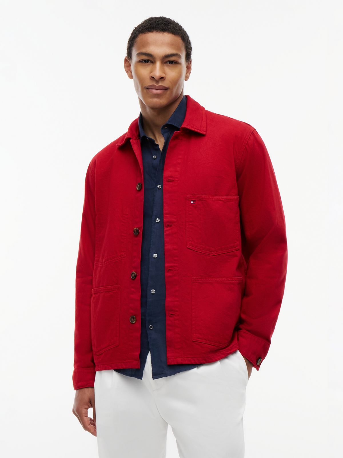 Washed Flag Embroidery Denim Chore Jacket — Red