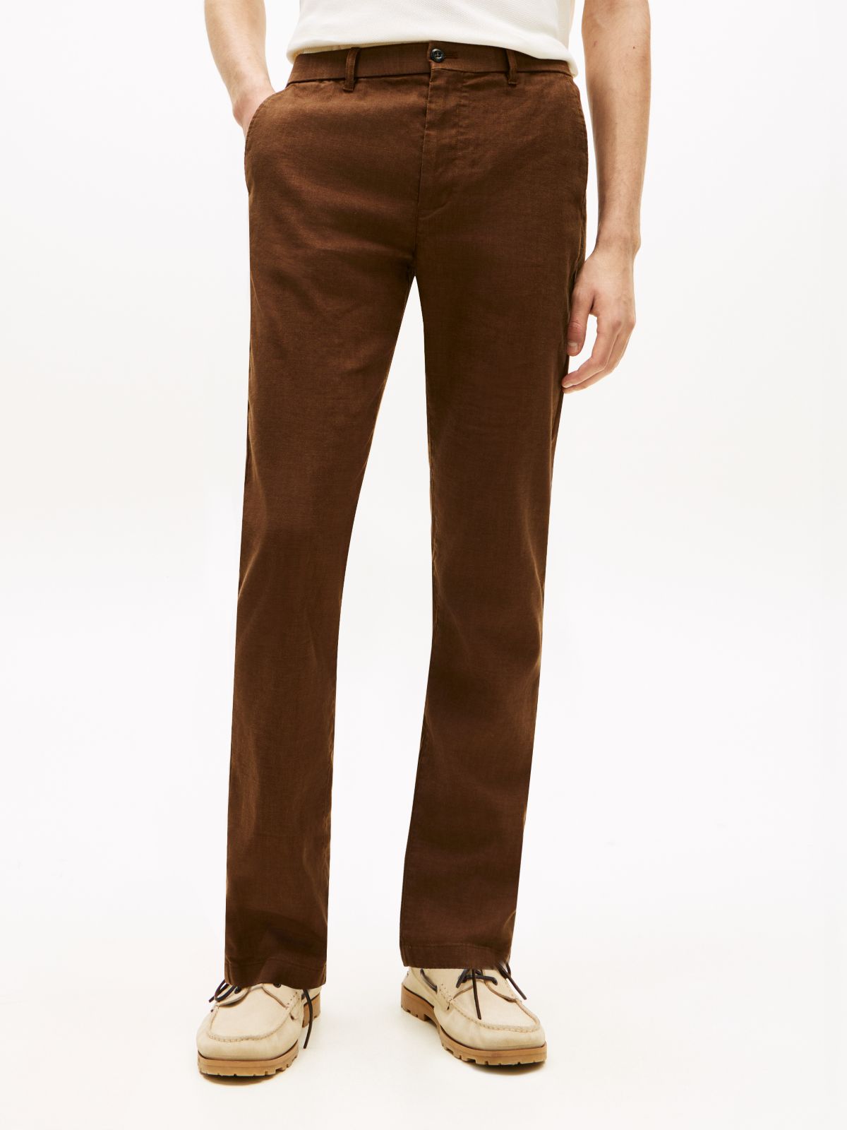 Denton Slim Straight Linen Blend Chinos — Brown
