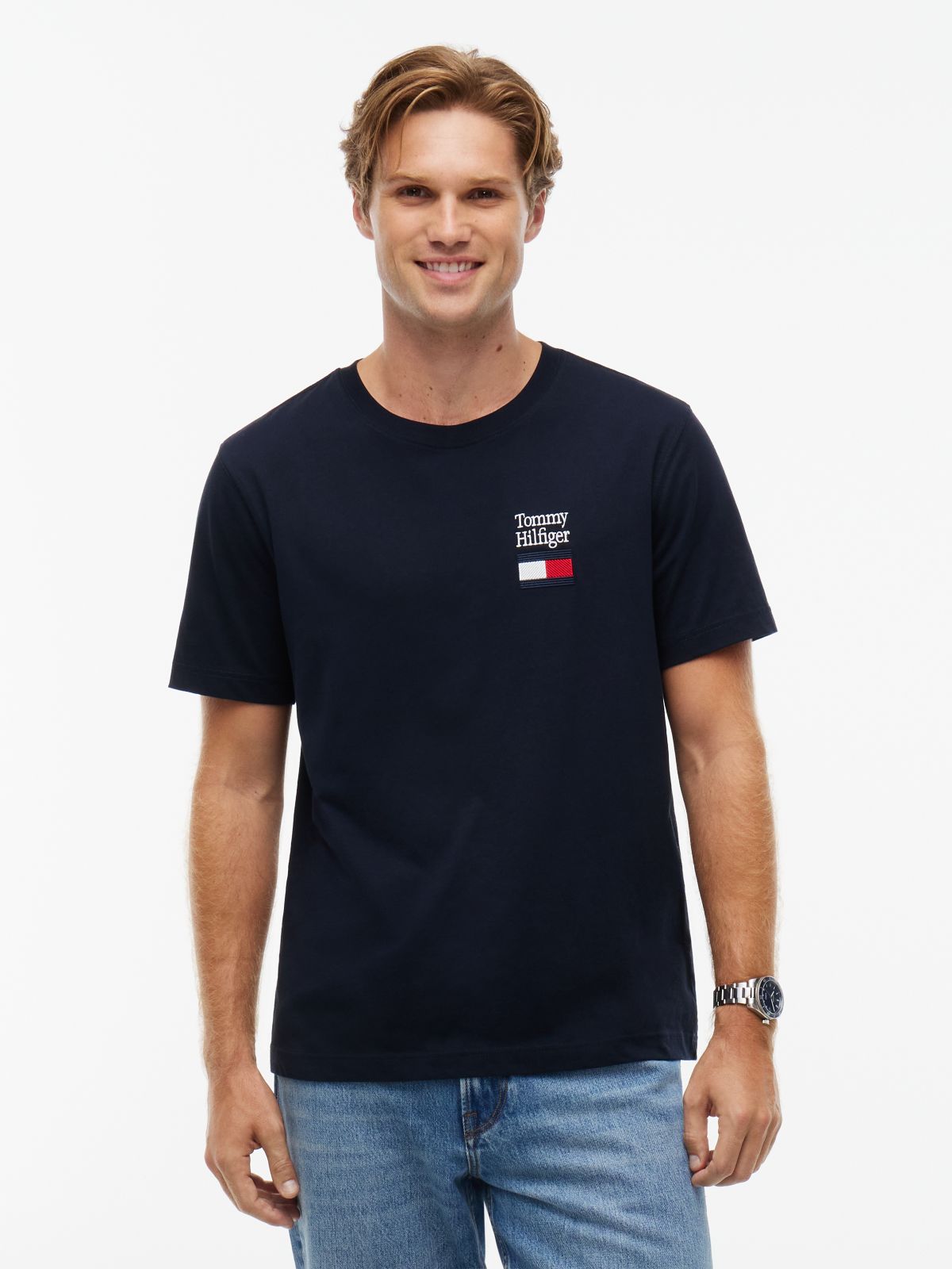 Logo Embroidery Jersey Crew Neck T-Shirt — Blue
