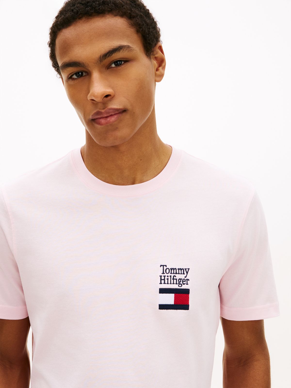 Logo Embroidery Jersey Crew Neck T-Shirt — Pink