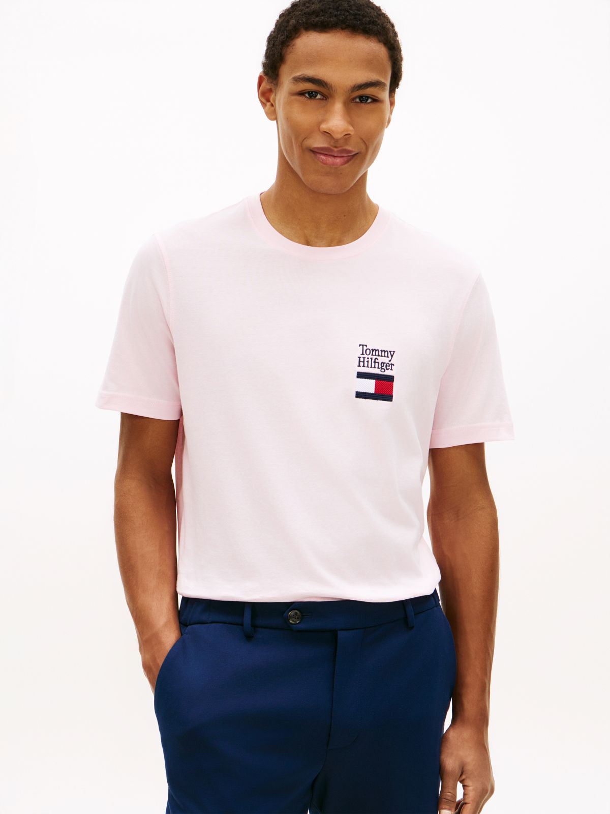 Logo Embroidery Jersey Crew Neck T-Shirt — Pink