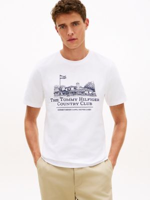 white jersey-t-shirt mit grafischer stickerei für herren - tommy hilfiger