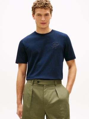 blue rundhals-t-shirt mit logo-stickerei für herren - tommy hilfiger