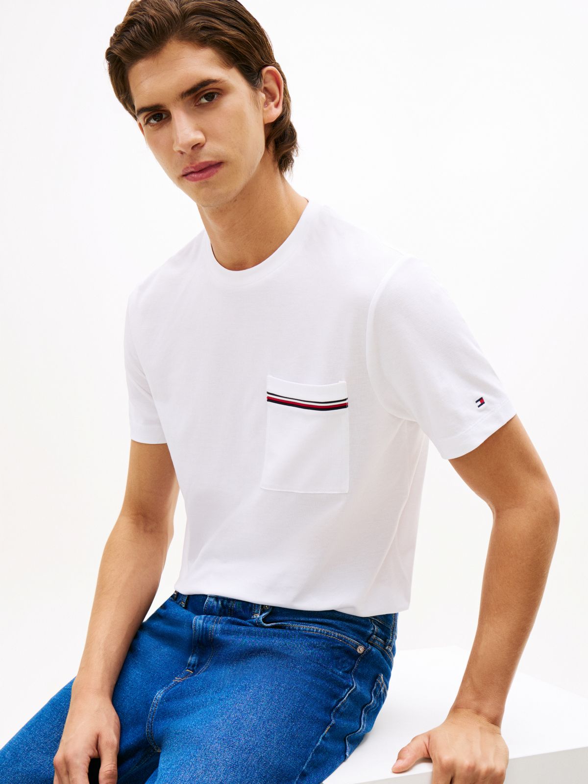Global Stripe Pocket Pique Jersey T-Shirt — White