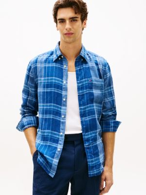 blue regular fit karo-hemd aus reinem leinen für herren - tommy hilfiger