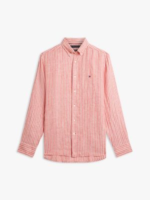 orange regular fit bengal stripe pure linen shirt for men tommy hilfiger
