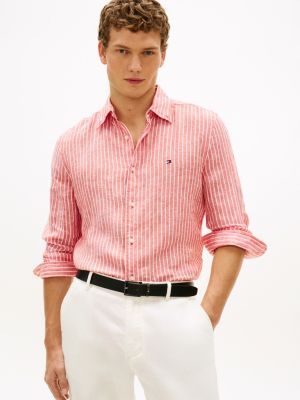orange regular fit streifen-hemd aus reinem leinen für herren - tommy hilfiger