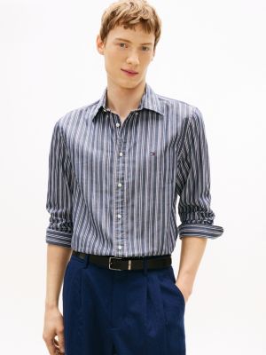 blue koszula z popeliny w teksturowane paski dla mężczyźni - tommy hilfiger