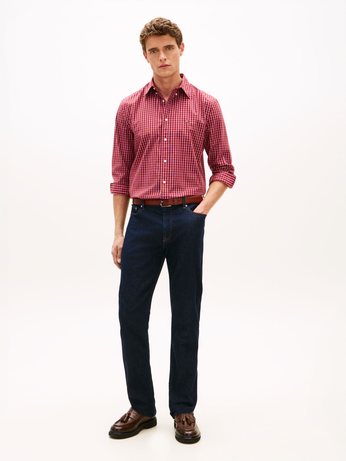TH Flex Regular Fit Check Poplin Shirt — Red