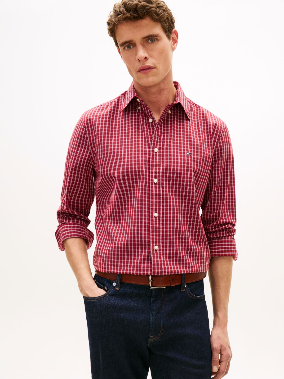 TH Flex Regular Fit Check Poplin Shirt — Red