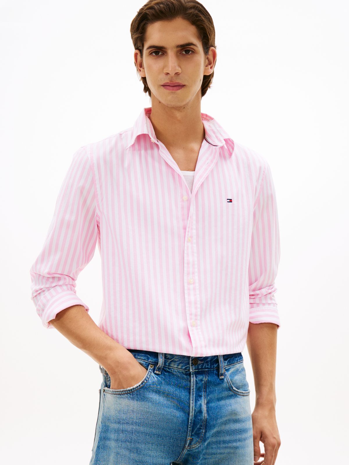 TH Flex Regular Fit Stripe Poplin Shirt — Pink