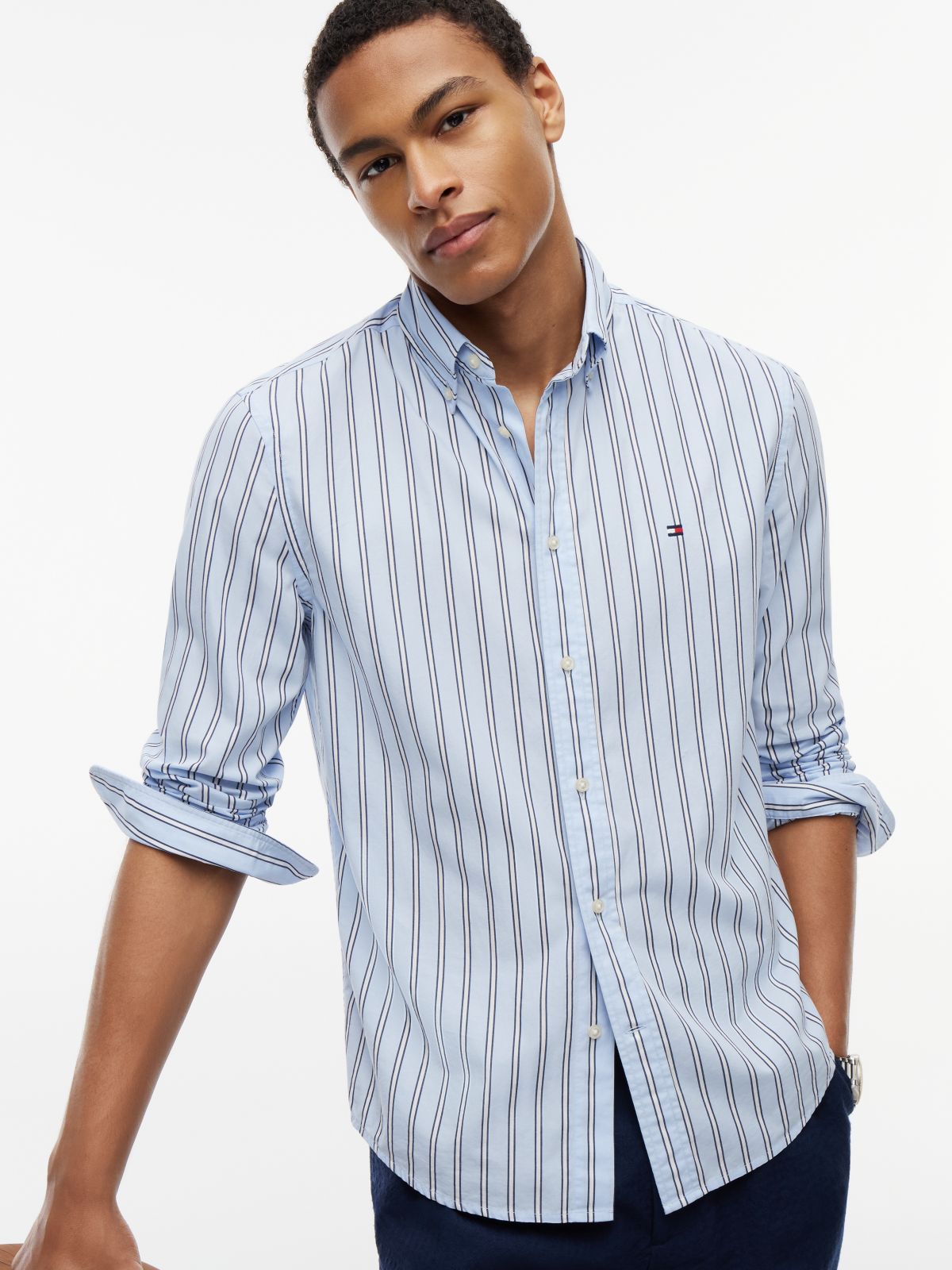 TH Flex Regular Fit Stripe Poplin Shirt — Blue