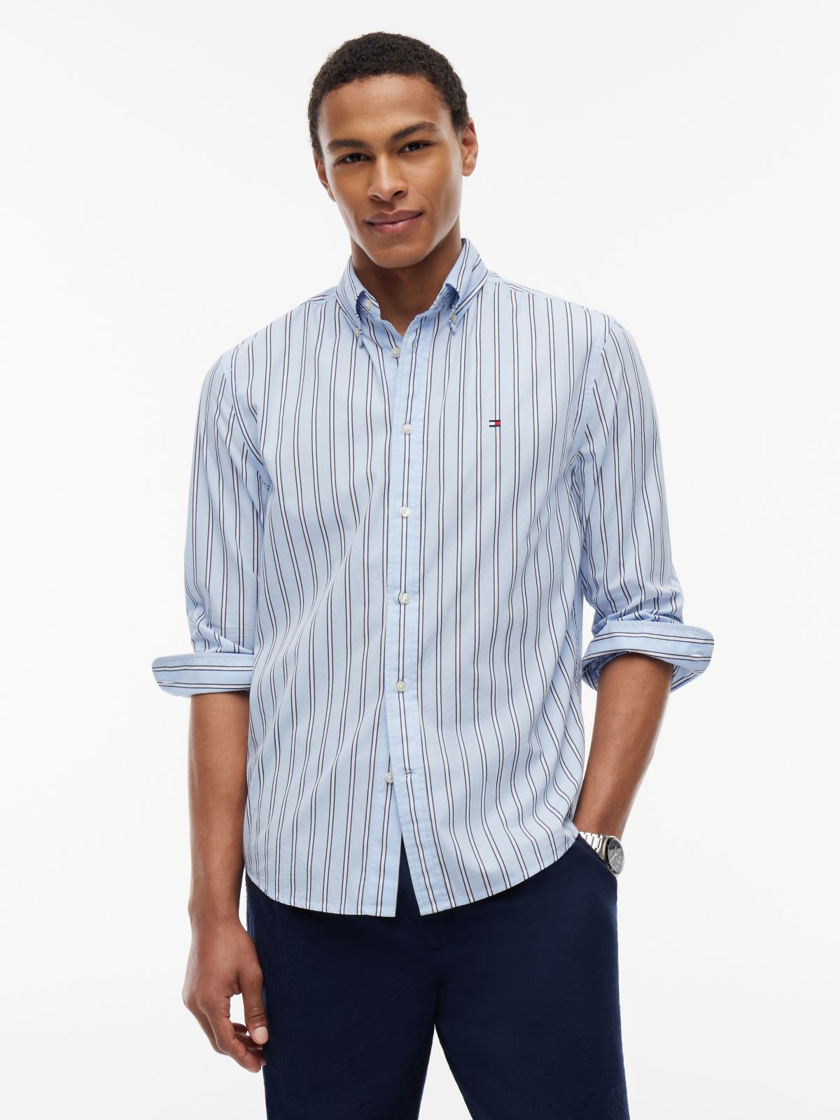TH Flex Regular Fit Stripe Poplin Shirt — Blue