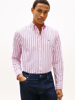pink th flex regular fit stripe poplin shirt for men tommy hilfiger