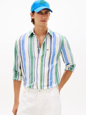 green regular fit leinenmix-hemd mit streifen für herren - tommy hilfiger