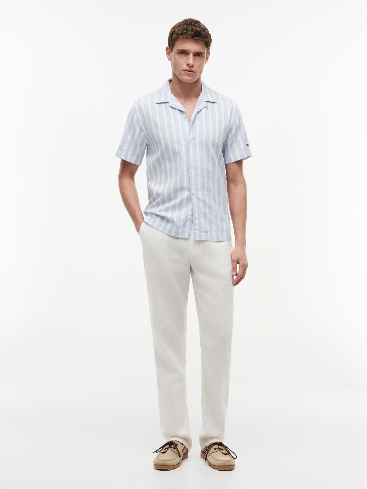 Linen Blend Textured Stripe Short Sleeve Shirt — Blue