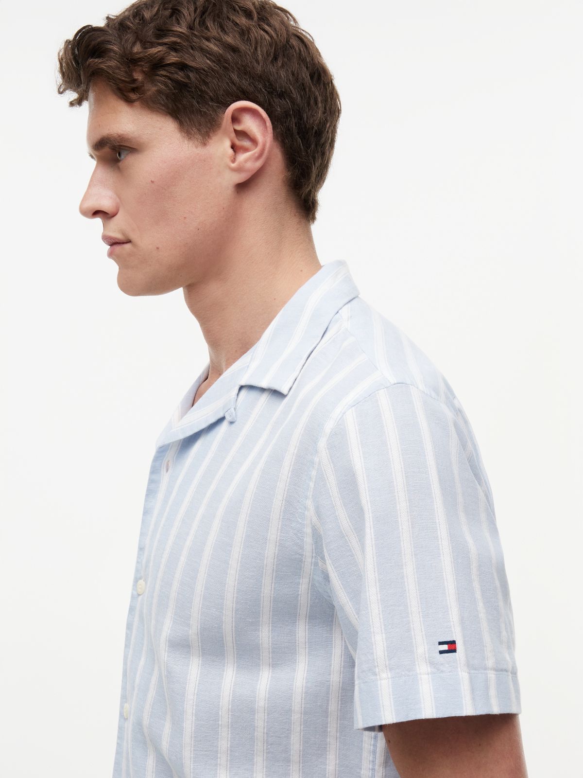Linen Blend Textured Stripe Short Sleeve Shirt — Blue