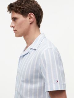 Linen Blend Textured Stripe Short Sleeve Shirt — Blue 3