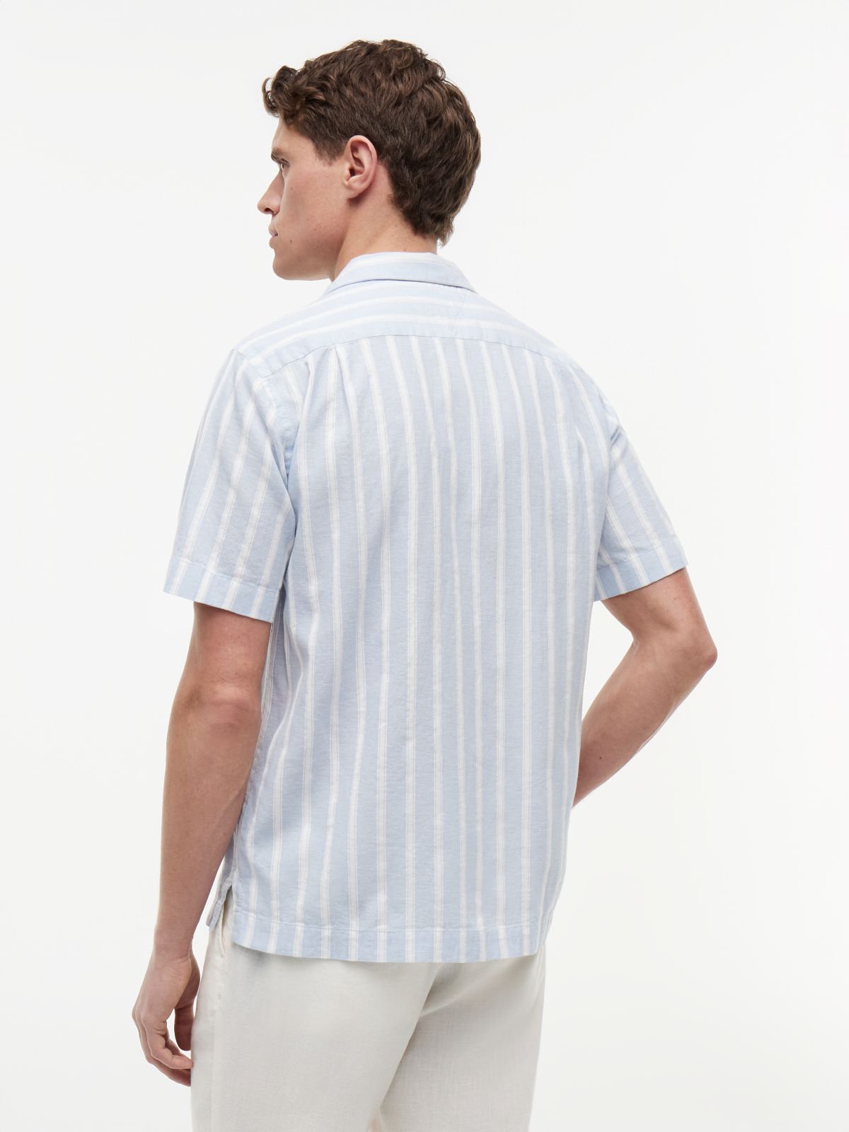 Linen Blend Textured Stripe Short Sleeve Shirt — Blue