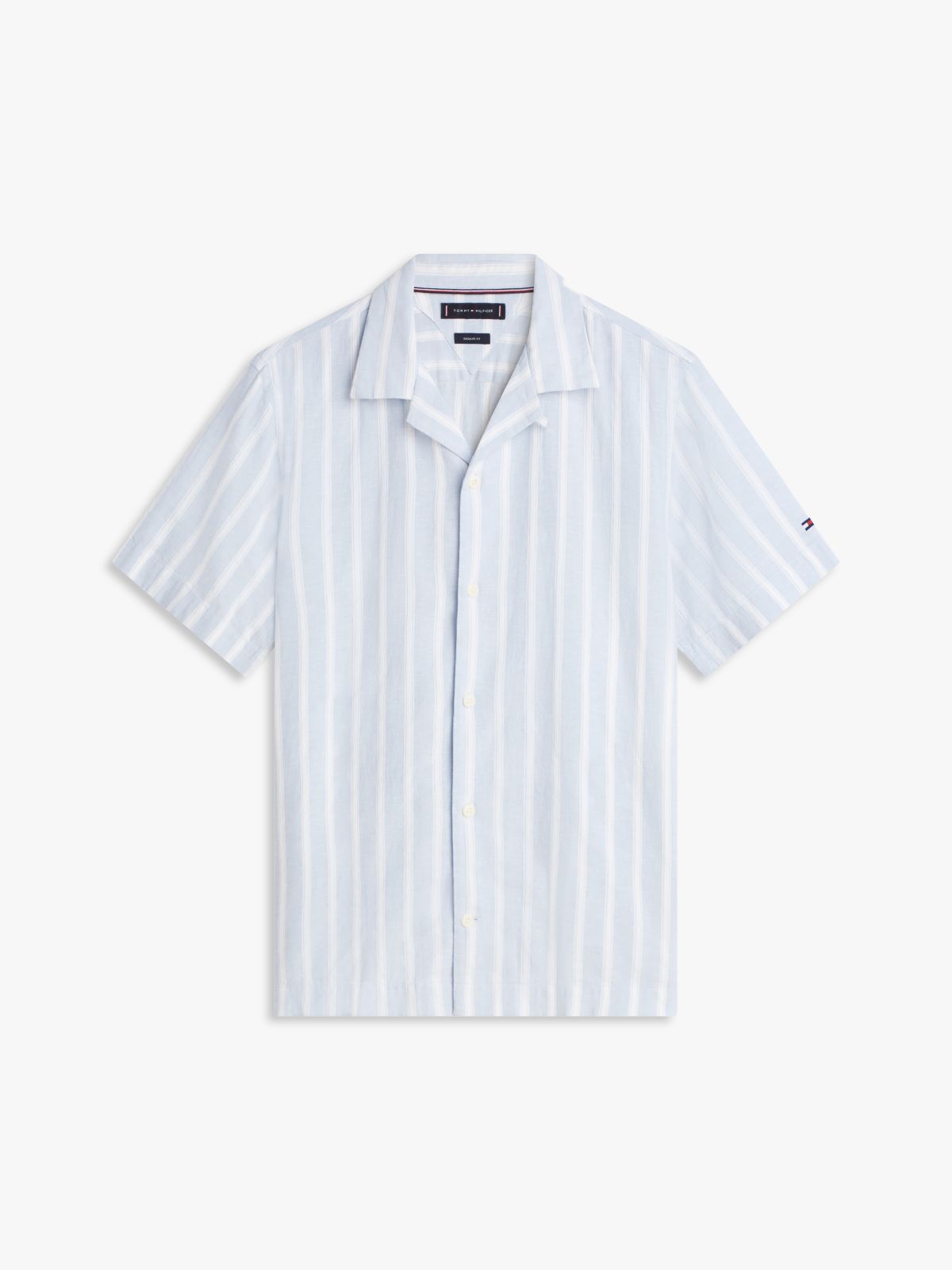 Linen Blend Textured Stripe Short Sleeve Shirt — Blue