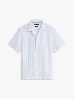 Linen Blend Textured Stripe Short Sleeve Shirt — Blue 5