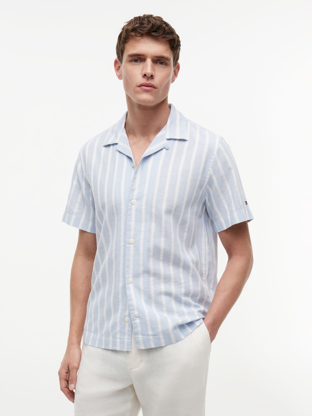 Linen Blend Textured Stripe Short Sleeve Shirt — Blue