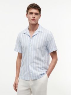 Linen Blend Textured Stripe Short Sleeve Shirt — Blue 1