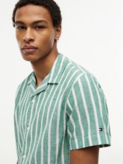 Linen Blend Textured Stripe Short Sleeve Shirt — Green 3